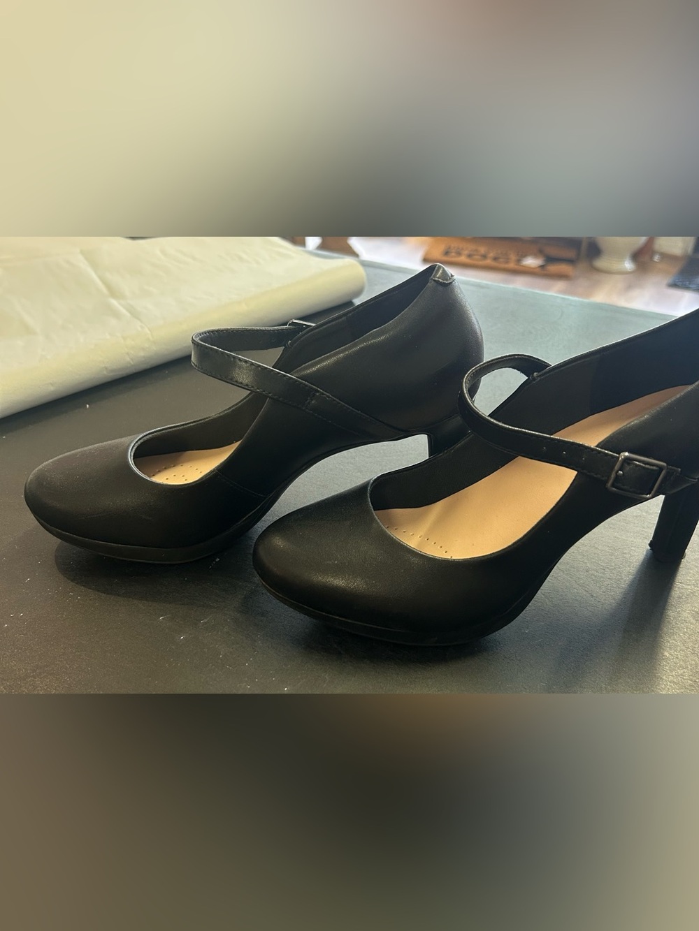 Clarks Black Mary Jane Heels with Cross Strap
